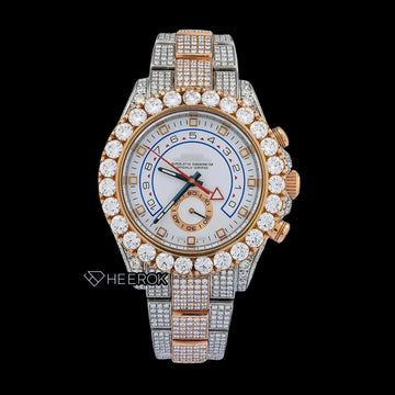 Rolex Yacht-Master White Dial Square Shape Markers Large Round Diamond Bezel Two Tone Rose Gold Moissanite Diamond Oyster Bracelet Watch Front View