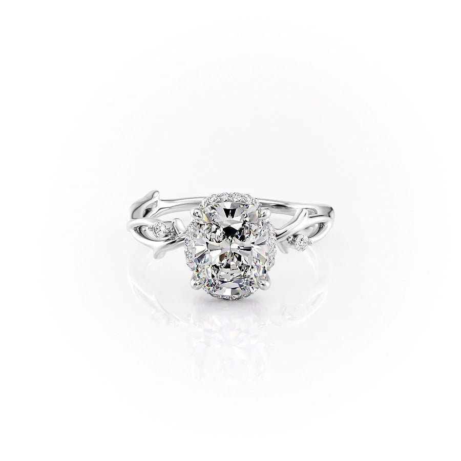 Seraphic Vine 3.04 Carat VVS Lab-Grown Elongated Cushion Halo Three-Stone Engagement Ring in 18K White Gold Front View