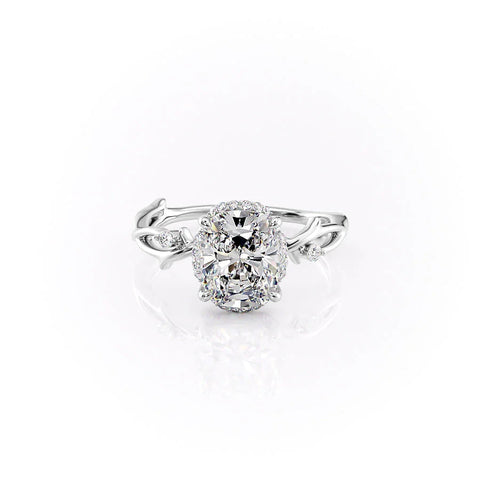 Seraphic Vine 3.04 Carat VVS Lab-Grown Elongated Cushion Halo Three-Stone Engagement Ring in 18K Gold