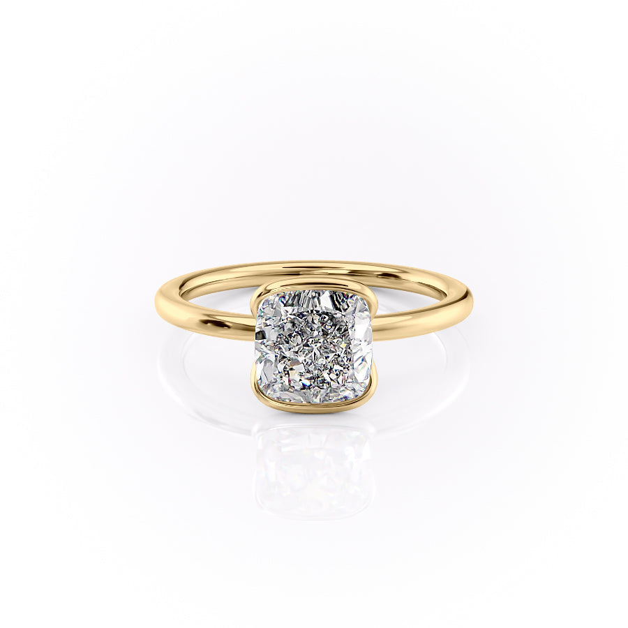 Sleek Bezel 2.02 Carat VVS Lab-Grown Cushion Solitaire Engagement Ring in 18K Yellow Gold Front Side View
