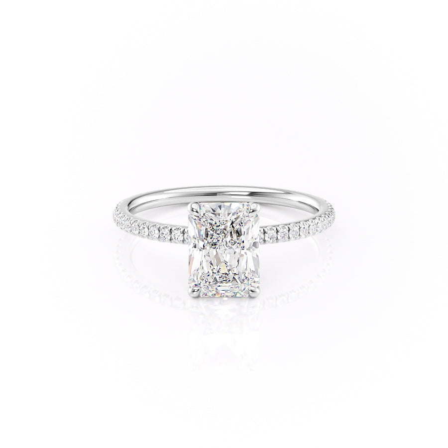 Stellar Prism 2.10 Carat VVS1 Lab-Grown Radiant Hidden Halo Pave Engagement Ring in 18K White Gold Front View
