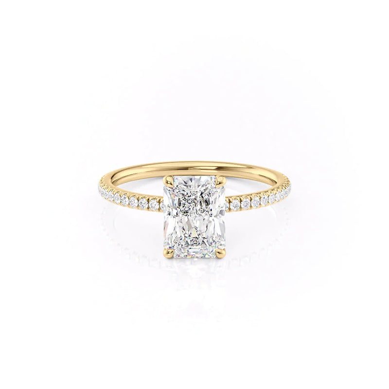 Stellar Prism 2.10 Carat VVS1 Lab-Grown Radiant Hidden Halo Pave Engagement Ring in 18K Yellow Gold Front View