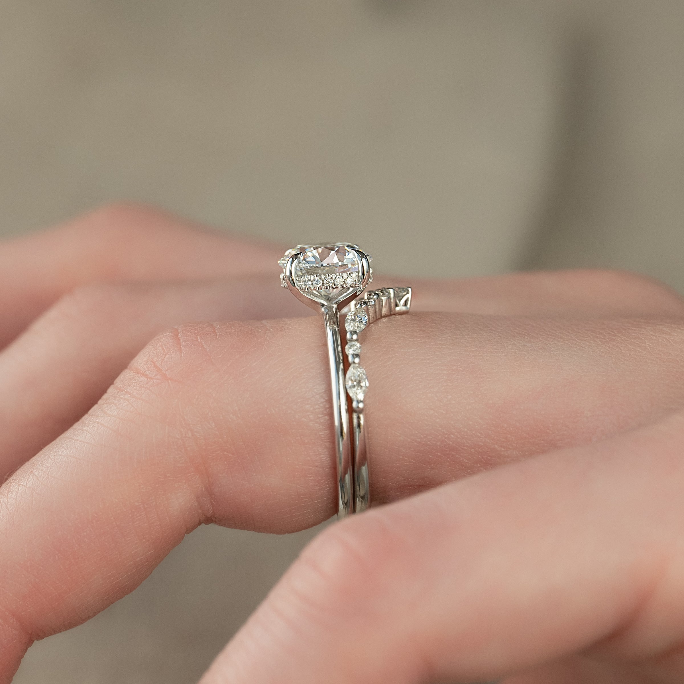 Stellar Round 2.50 Carat VVS1 Lab‑Grown Hidden Halo Engagement Ring in 18K White Gold finger Closeup View