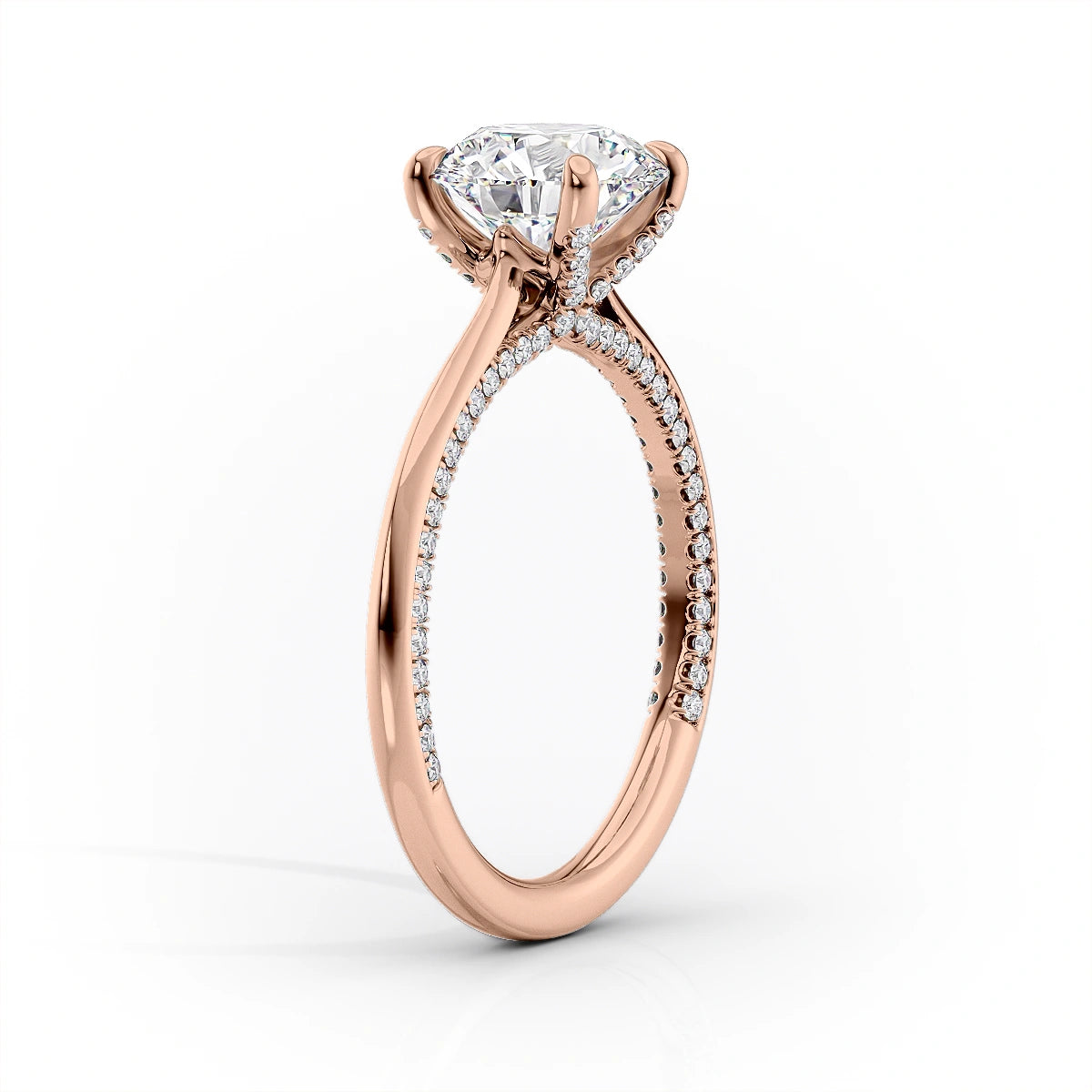 Stellar Whisper 2 Carat VVS1 Lab-Grown Round Solitaire With Accents Engagement Ring in 18K Rose Gold Stand View