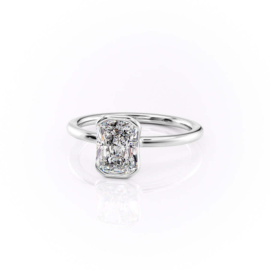 Timeless Bezel 2.10 Carat VVS1 Lab-Grown Radiant Solitaire Engagement Ring in 18K White Gold Front Side Cross View